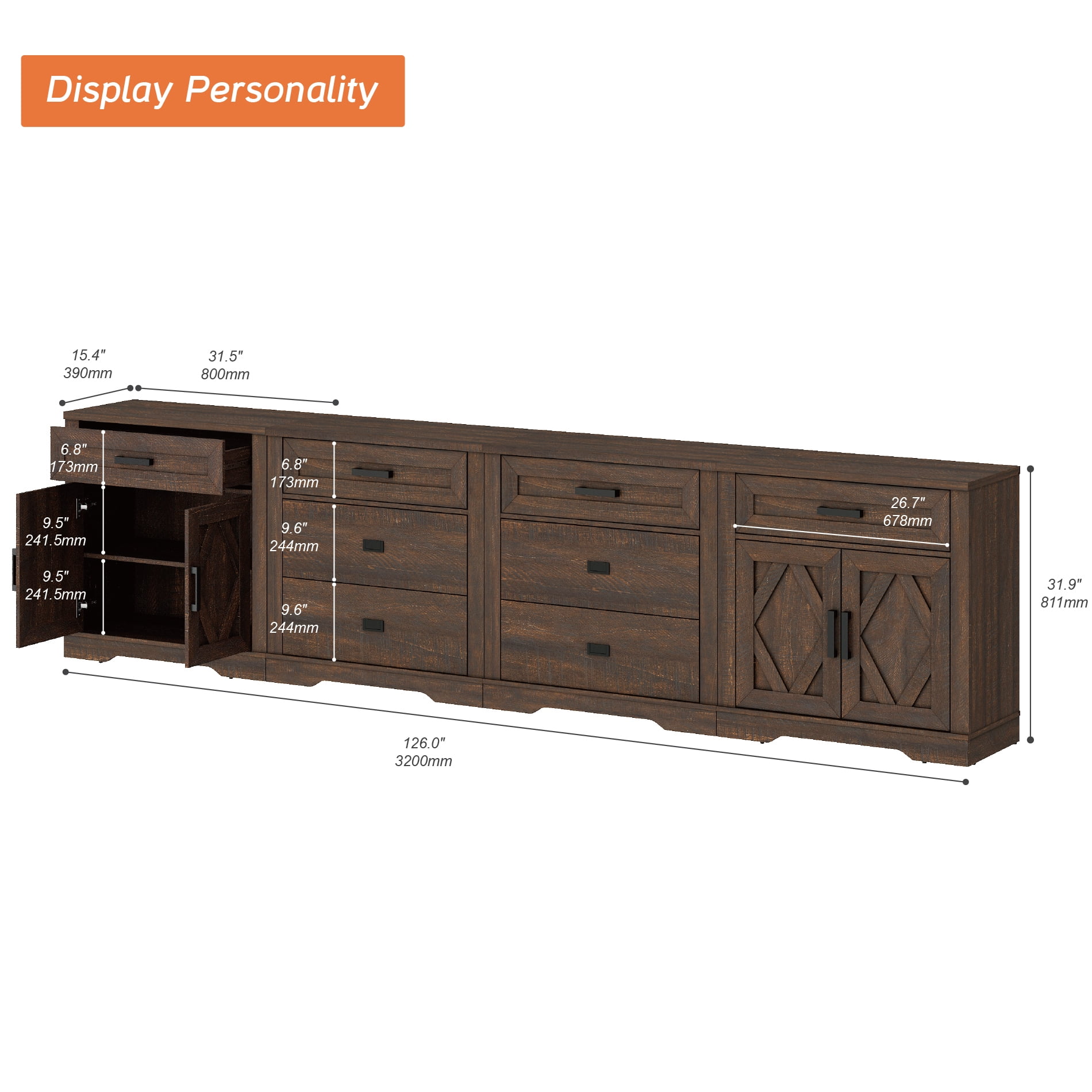 WAMPAT 126"W Large TV Stand,4-in-1 Farmhouse Entertainment Center with Storage Barn Door Cabinet,TV Console Table With Media Cabinet and Drawers for Living Room,Bedroom,Rustic Brown