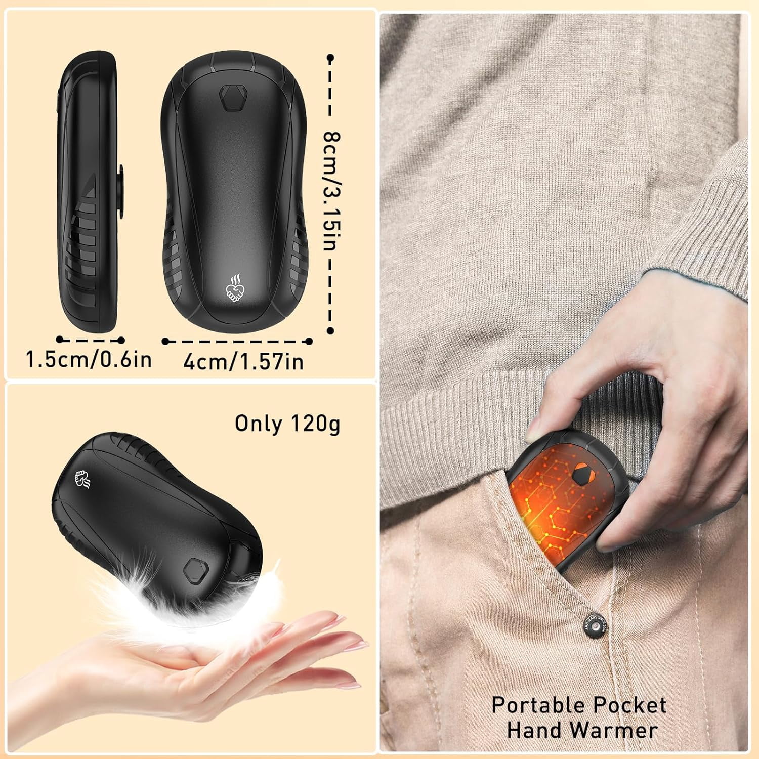 Hand Warmers Rechargeable,1 Pack 4000mAh Electric Portable Pocket Heater, Heat Therapy Great for Outdoors, Hunting, Golf, Camping, Warm Gifts