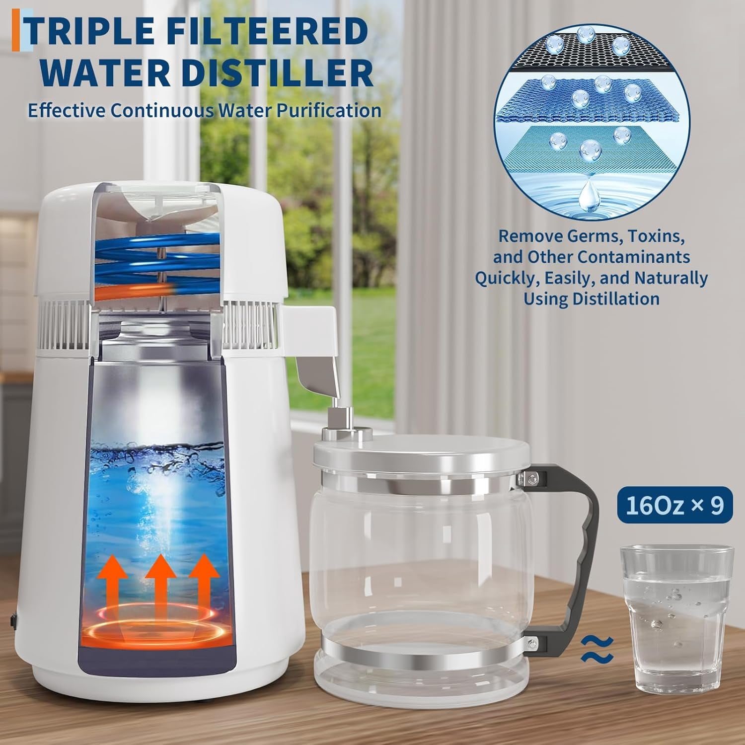 OUTGOODS Countertop Water Distiller 1Gal/4L-6L, 750W-900W, Stainless Steel, White Plastic/Glass