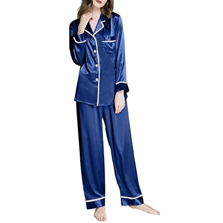 

TFDZ Women Pajama Sets Woman Pajama Set Women Long Sleeve Like Silk Pajamas Two Piece Sets Blue