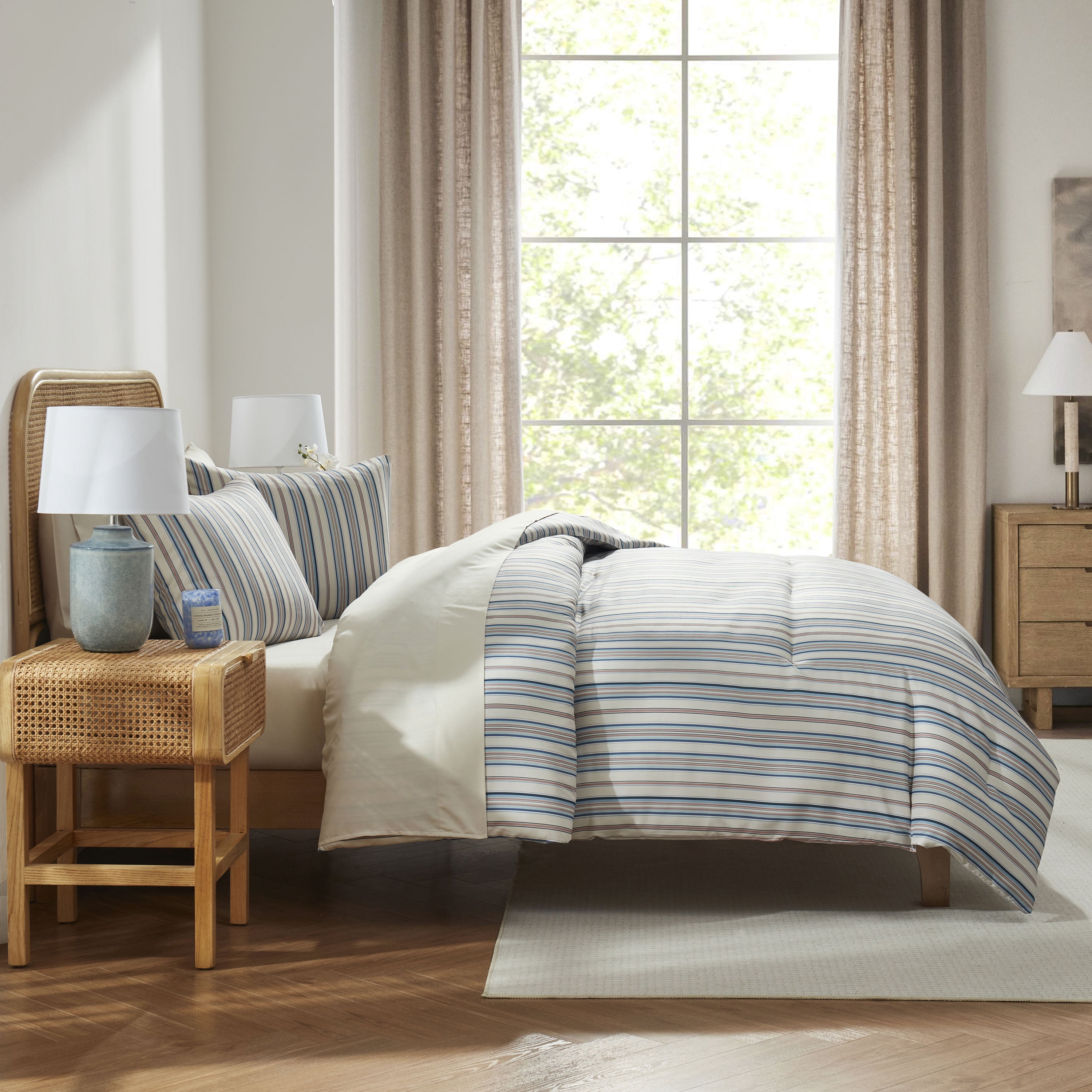 LammaLoe King Size Comforter Sets, 7 Piece Striped Bed in a Bag, Bedding Comforter Set with Sheets, Modern Bed Set, Off White