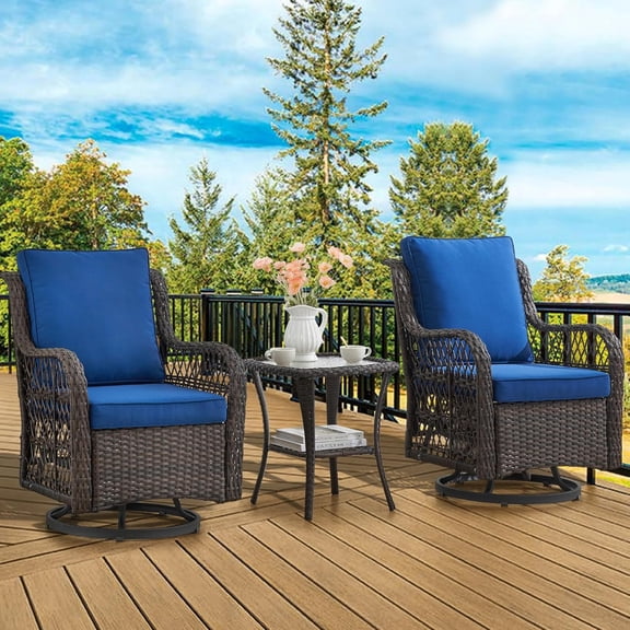 Dark Brown Wicker Patio Swivel Rocker Chair Set, 3Pcs Outdoor Glider Chairs with Glass Top Table & Blue Cushions