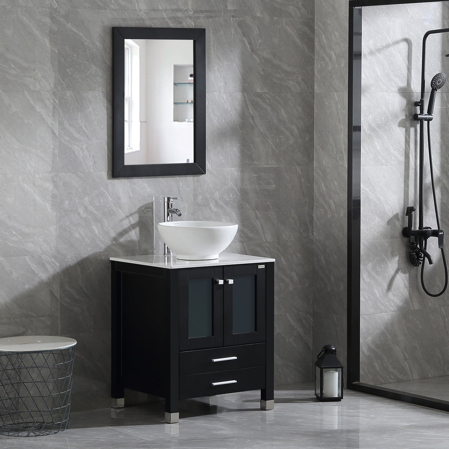 Bathroom Vanity Combo W/ Mirror 24 Inch Round Square Vessel Sink Faucet W/ Drain 