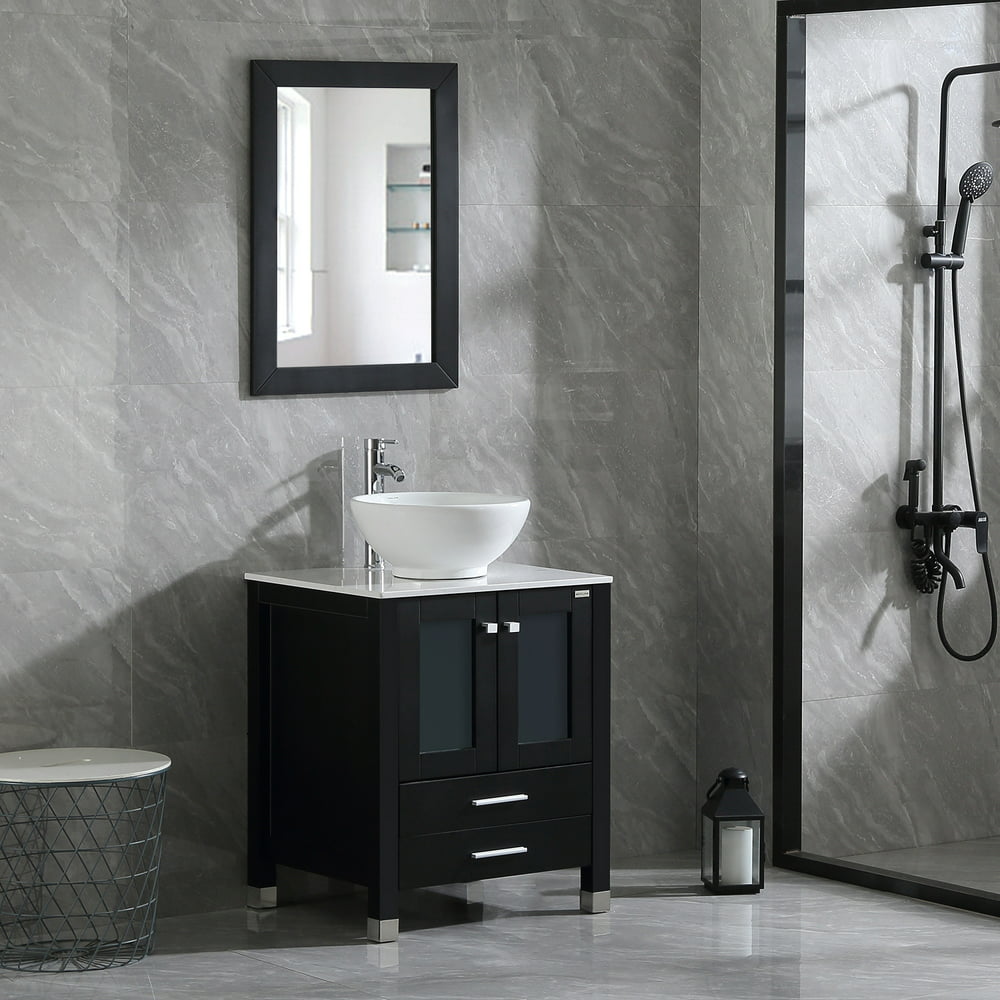 24 inch Bathroom Vanity Wood Double Circular Vessel Ceramic Sink Round Modern