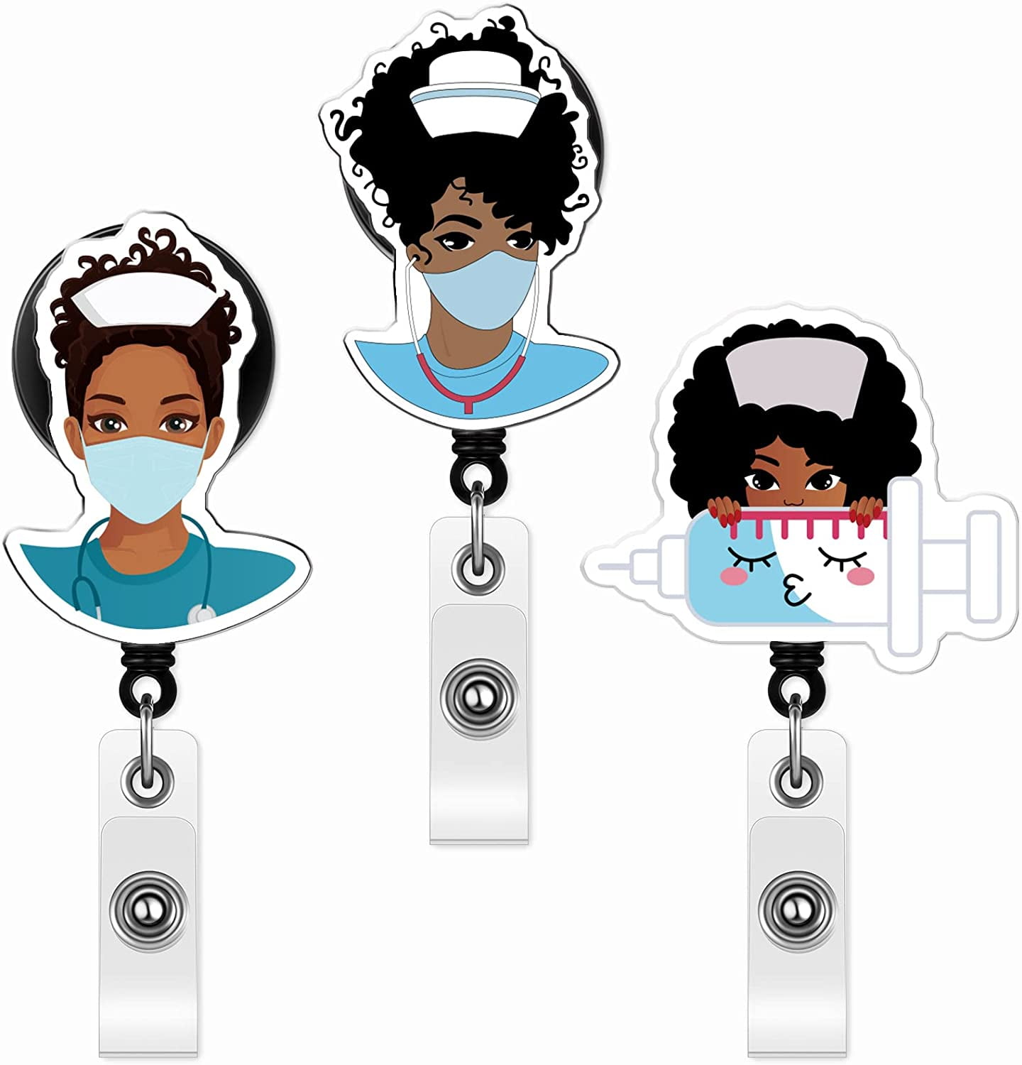 3 Pieces Black Girl Nurse Retractable Badge Holder Cute Nurse Badge