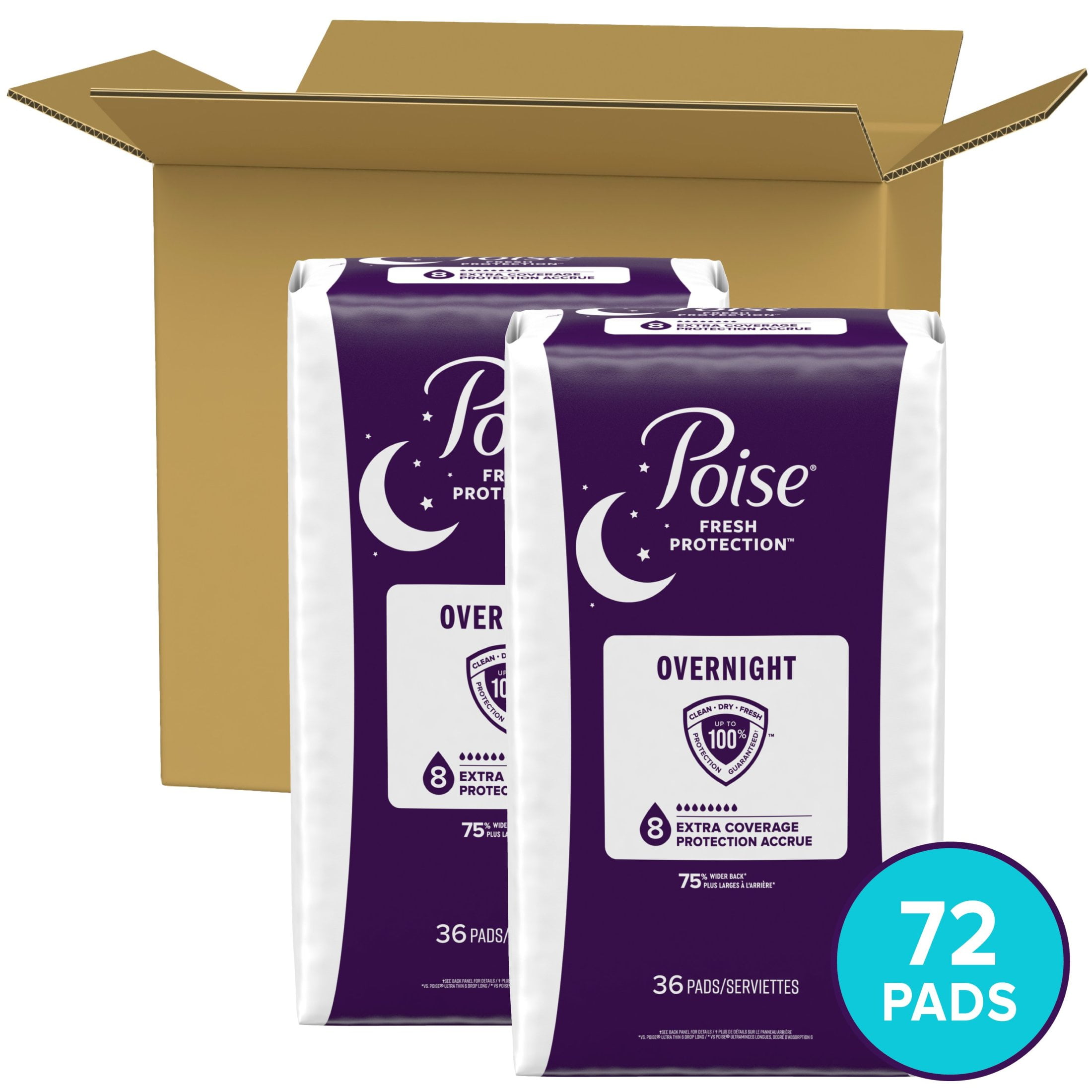 PoiseIncontinence Pads & Postpartum Overnight Incontinence Pads, 8 Drop Extra Coverage, 72 Count (2 Packs of 36)