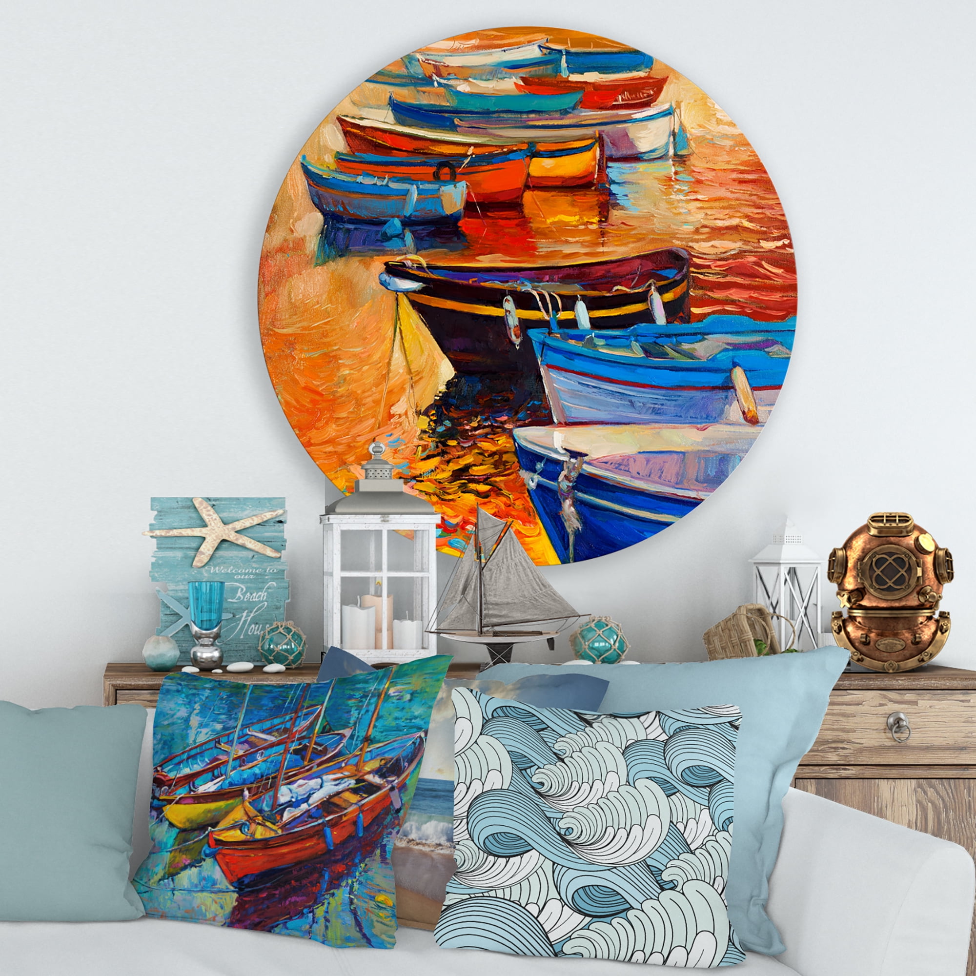 Designart 'Boats During Warm Colourd Sunset In The Harbor I' Nautical & Coastal Circle Metal Wall Art 29x29 - Disc of 29