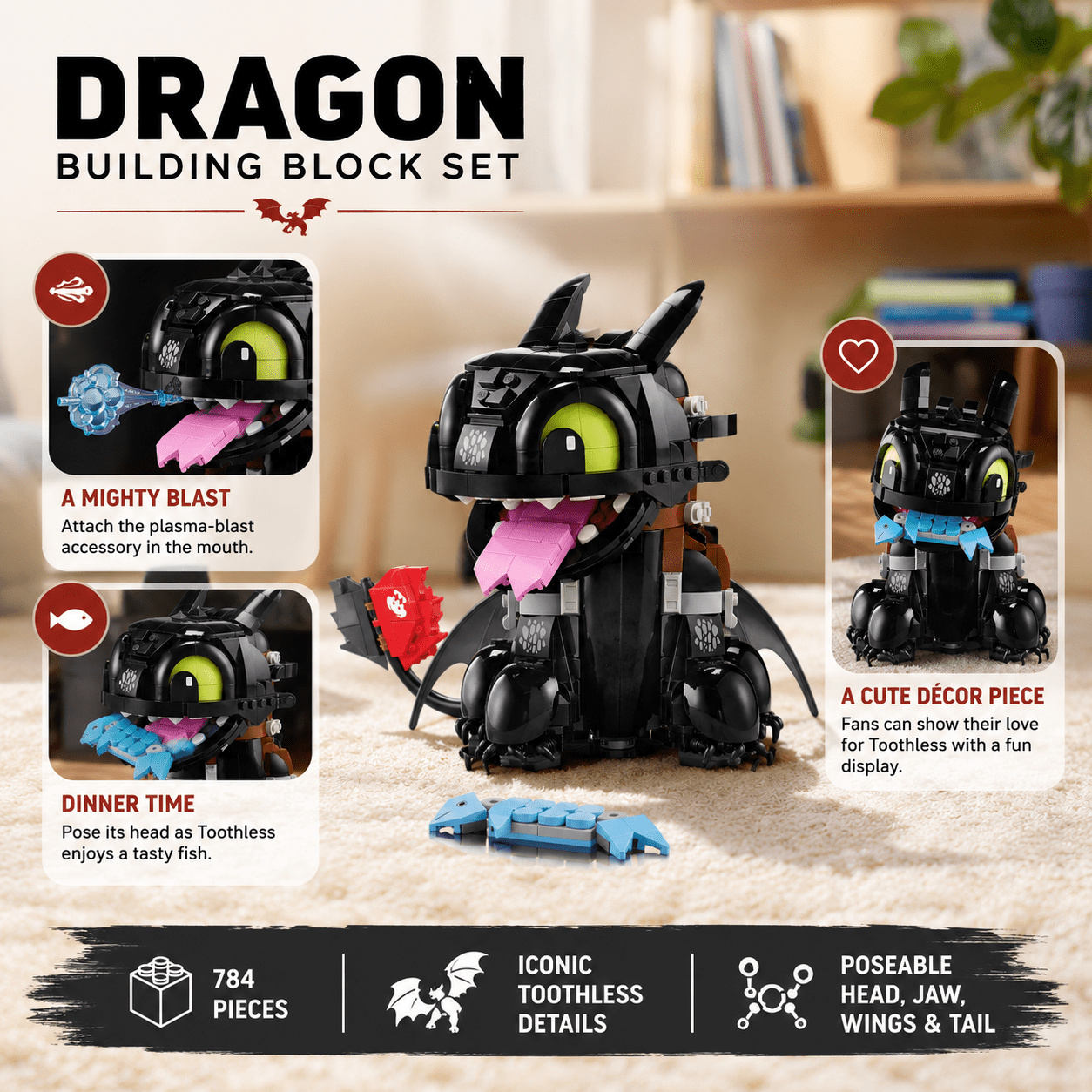 Toothless Dragon Building Set 784 Pieces Posable Night Fury Model How to Train Your Dragon Display Decor