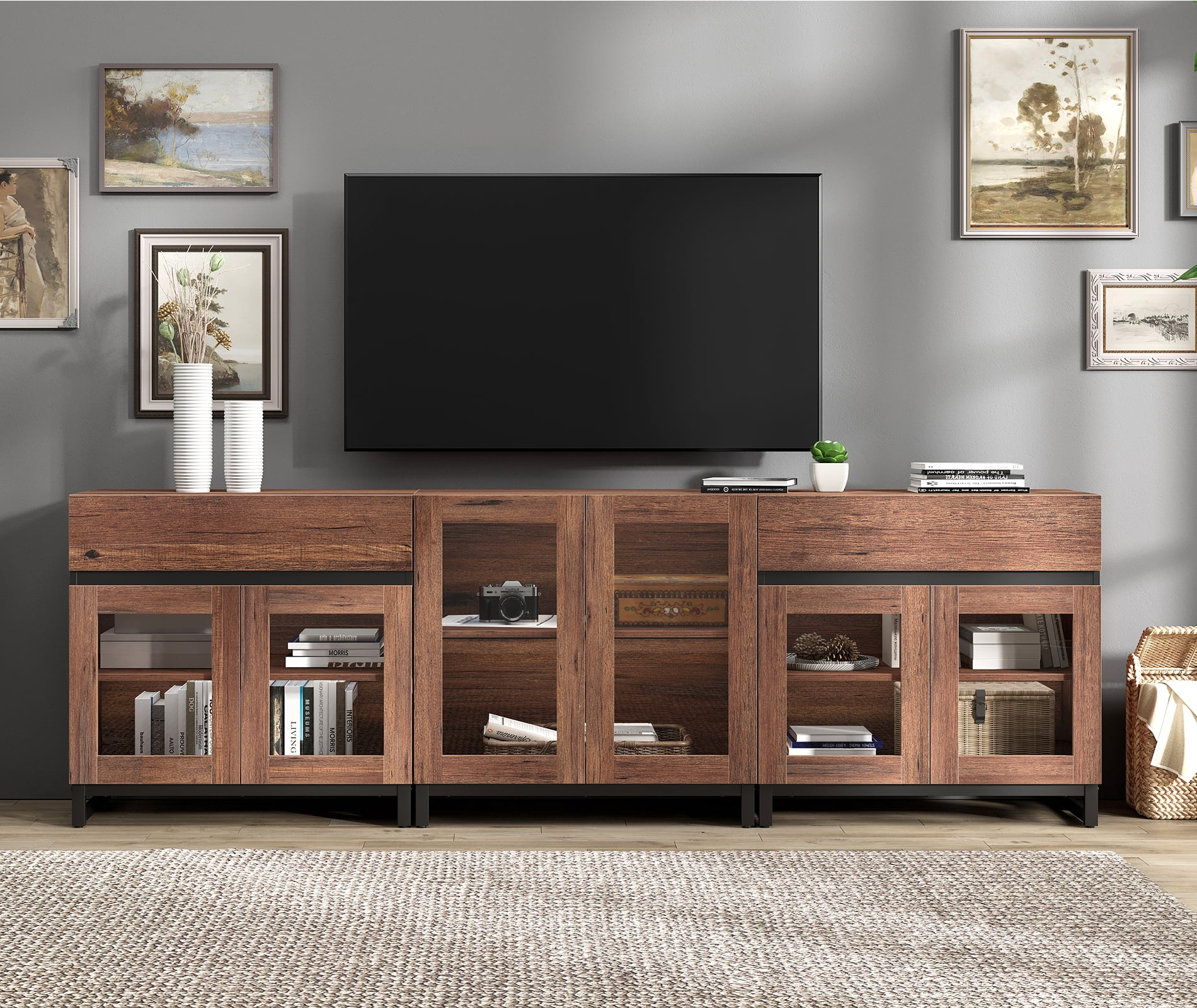 3 In 1 TV Stand For Tvs Up To 100 Inch, Modern Entertainment Center With Glass Doors And Metal Legs, TV Console With Adjustable Shelf For Living Room, Bedroom,Brown