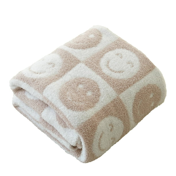 Manta de punto a cuadros con cara sonriente feliz, ultra suave y acogedora, manta de cama de microfibra mullida con tablero de ajedrez, manta ligera en ambos lados para sofá cama (manta color crema so