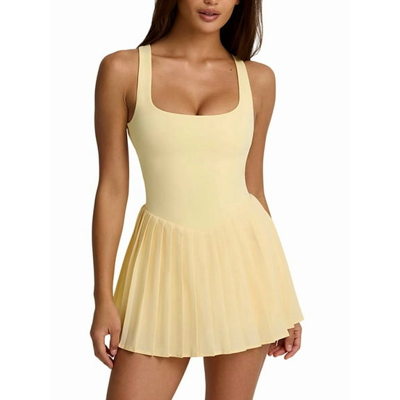 Women'S Tennis Flowy Pleated Sports Dress for Women Backless Sleeveless Summer Mini Golf Dress Warm Yellow S