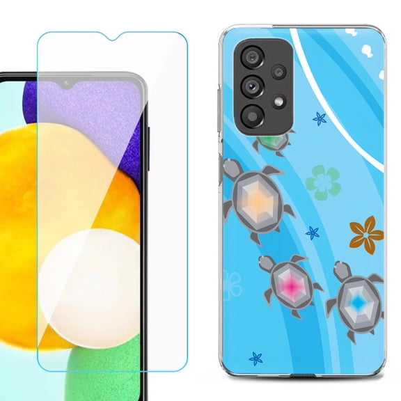 Slim-Fit Gel TPU Phone Case for Samsung Galaxy A23 5G, with Tempered Glass Screen Protector, by OneToughShield ® - Happy Turtle
