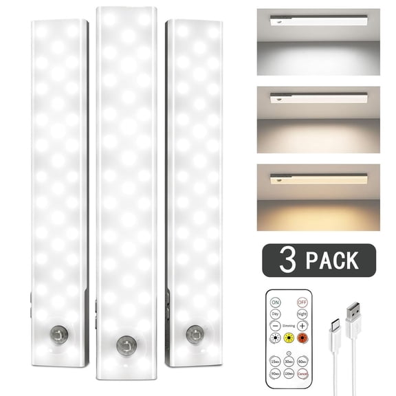 EZVALO Under Cabinet Lighting, 56 LED Motion Sensor Closet Lights, Rechargeable 2000mAh with Remote, 3 Color Temps, Magnetic Under Counter Lights for Kitchen – 3 Pack