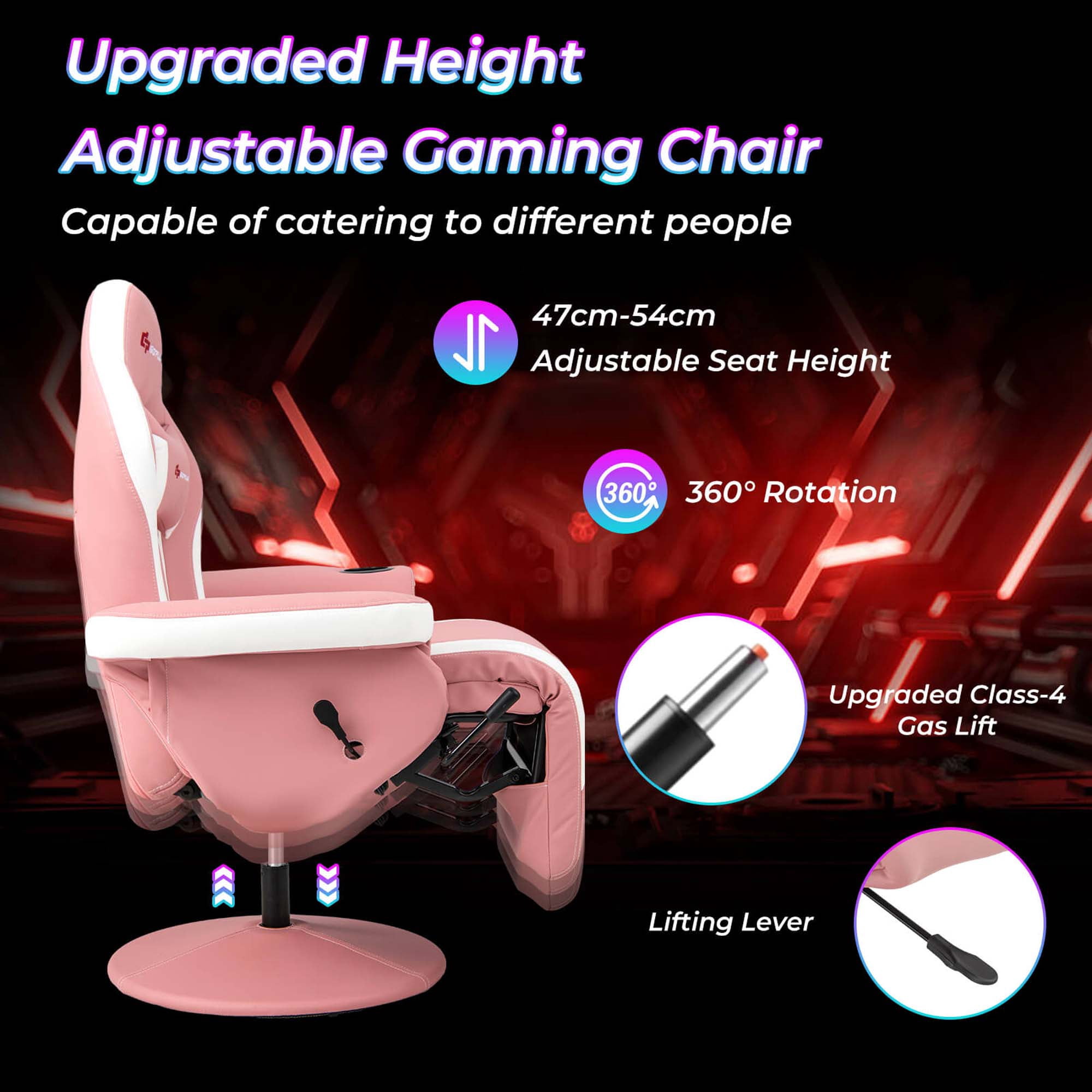 Goplus Massage Gaming Recliner Height Adjustable Racing Swivel Chair with Cup Holder Pink