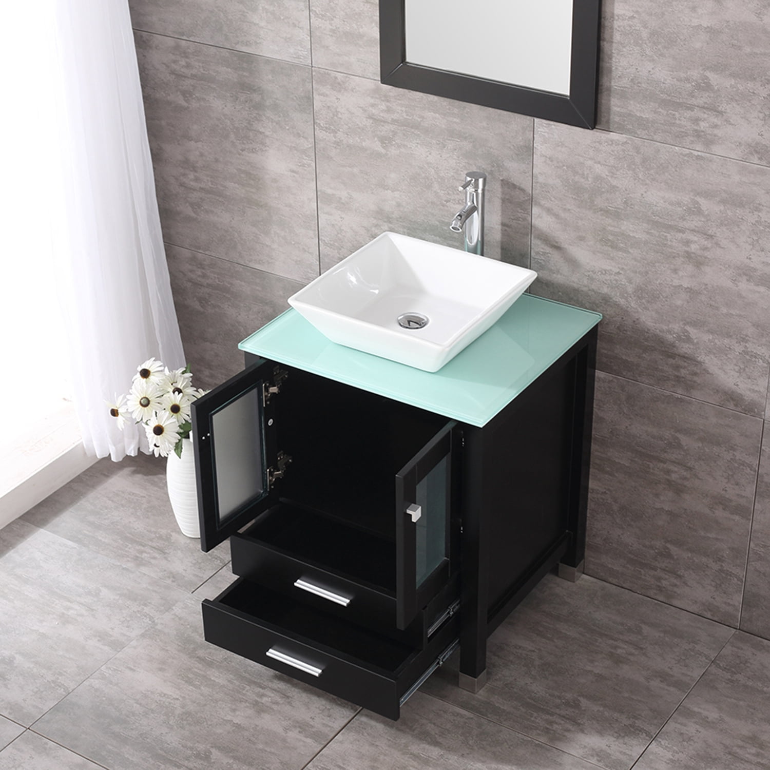 Walcut 24'' Black Wood Bathroom Vanity Cabinet Tempered Glass Countertop Ceramic Sink w/ Mirror