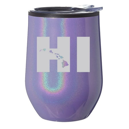 

Stemless Wine Tumbler Coffee Travel Mug Glass With Lid Gift HI Hawaiian Islands Hawaii (Purple Glitter)