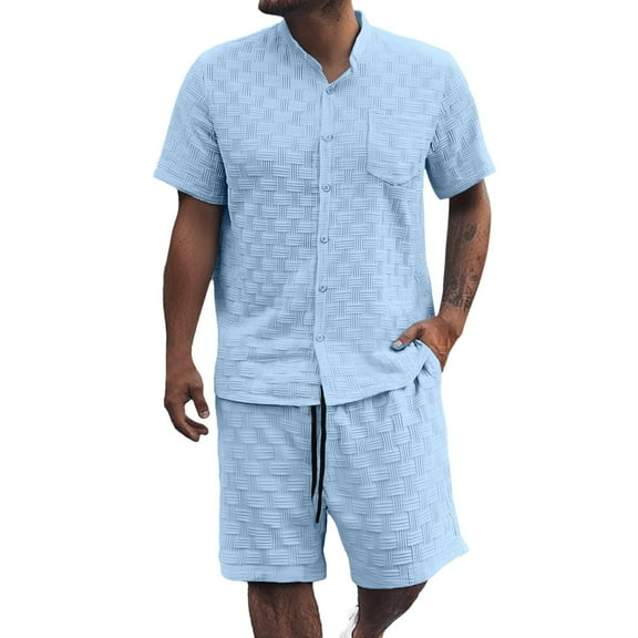 JIKNTTR Men's Hawaiian Matching Set Solid Color Jacquard Short Sleeved Shirt Shorts Men Casual Business Comfortable Loose Shorts Two Piece Sets Holiday Beach Set Outfits