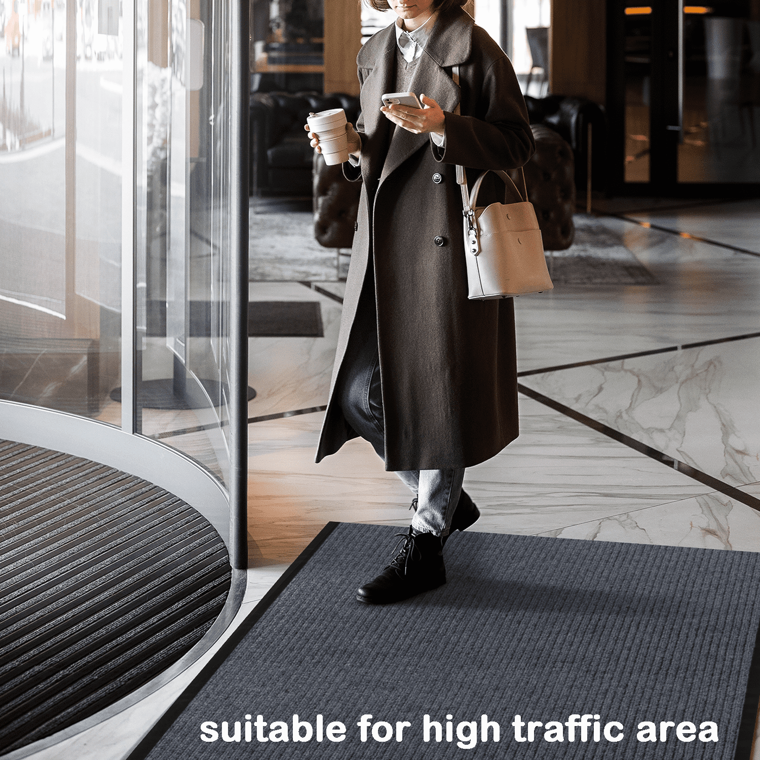 Petoto 16 x 3ft Commercial Carpet, Non-Slip Hallway Runner Rug with Rubber Backing, Indoor Outdoor Entrance Stripe Mat, Gray