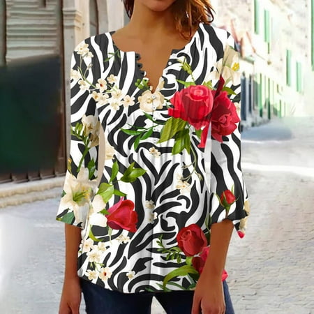 

Short Sleeve Shirts For Women Trendy Women s Casual Trumpet 3/4 Sleeve Printed Buttoned Basic Ruched Corset Tunic Tops Pleated T-shirts Blouses Womens Summer Tops 2023 Womens Tops Blouses For Women