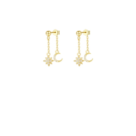 925 Sterling Silver Plated Gold Fashion and Simple Moon Star Tassel Stud Earrings with Cubic Zirconia