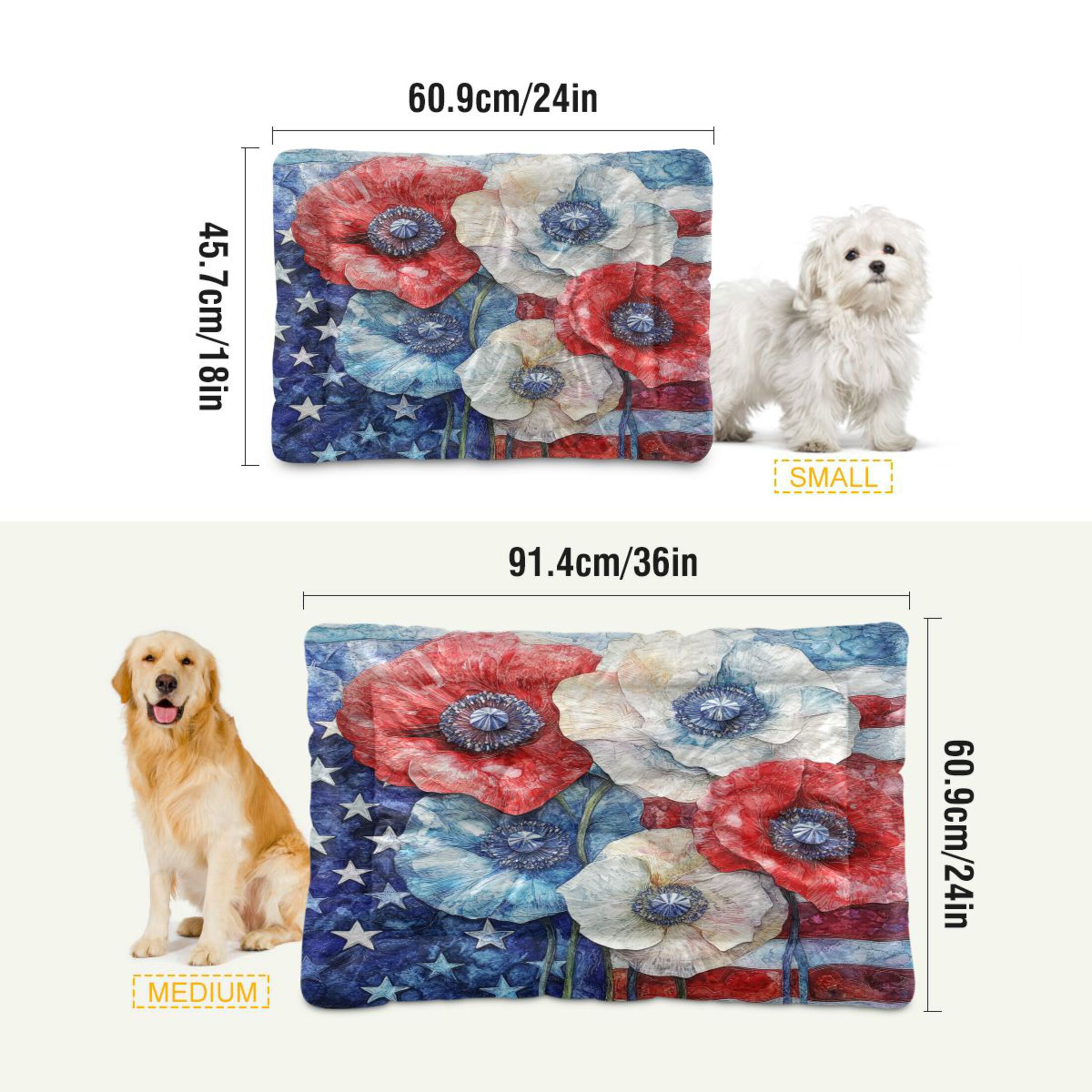 Qxltty American Flag Flowers Ped Pad Wear-resistant and Hard to Bite Through Sleeping Pad for Small Medium Large Dogs Winter Pet Bed 36×24in