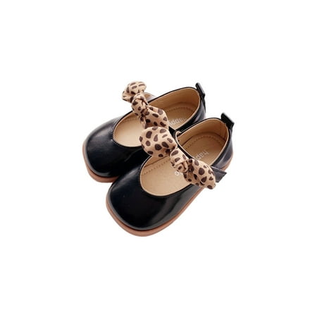 

Lacyhop Kids Mary Jane Soft Sole Dress Shoes Leopard Bowknot Flats Party Non-slip Loafers Cute Magic Tape Princess Shoe Black 5C