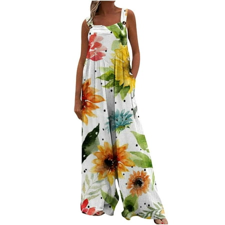 

Jumpsuits For Women Clearance! WQQZJJ Women s Summer Sleeveless Baggy Rompers Women Print Jumpsuit Pajamas Casual Buttons Pocket Sleeveless Wide Leg Long Pants Plus Size Rompers For Women