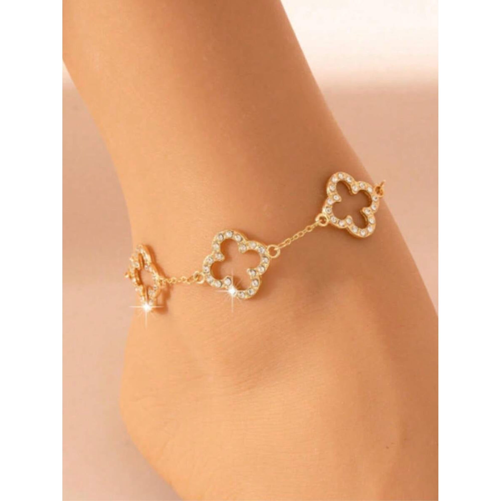 Multicolor Goldtone Crystal-Set Four-Leaf Clover Anklet With Delicate Chain