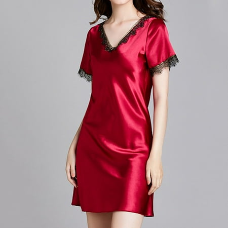 

Ice Silk Pajamas Women s Summer Silk Women s Short Sleeved Nightdress Women s Home Clothes Women Nightgowns & Sleepshirts Red S