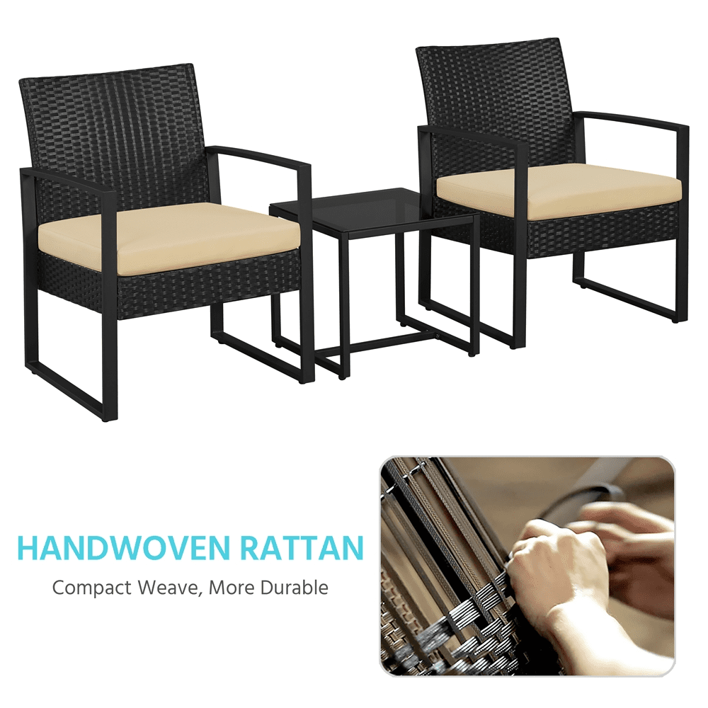 Yaheetech 3-Piece Modern Patio Set Rattan Chairs & Table for Garden, Black/ Khaki