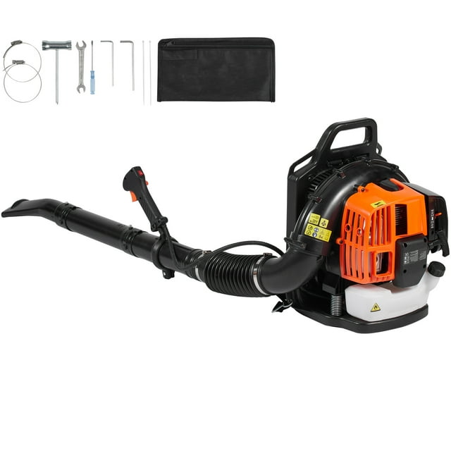 KFFKFF gas-powered backpack leaf blower with a 63CC two-stroke engine, 1.89L fuel tank, and ergonomic design. Delivers 1110CFM airflow and 220MPH speed, ideal for garden maintenance, clearing leaves, and snow removal. Includes accessories like noise-reducing earmuffs, air tubes, wrenches, and a tool bag.