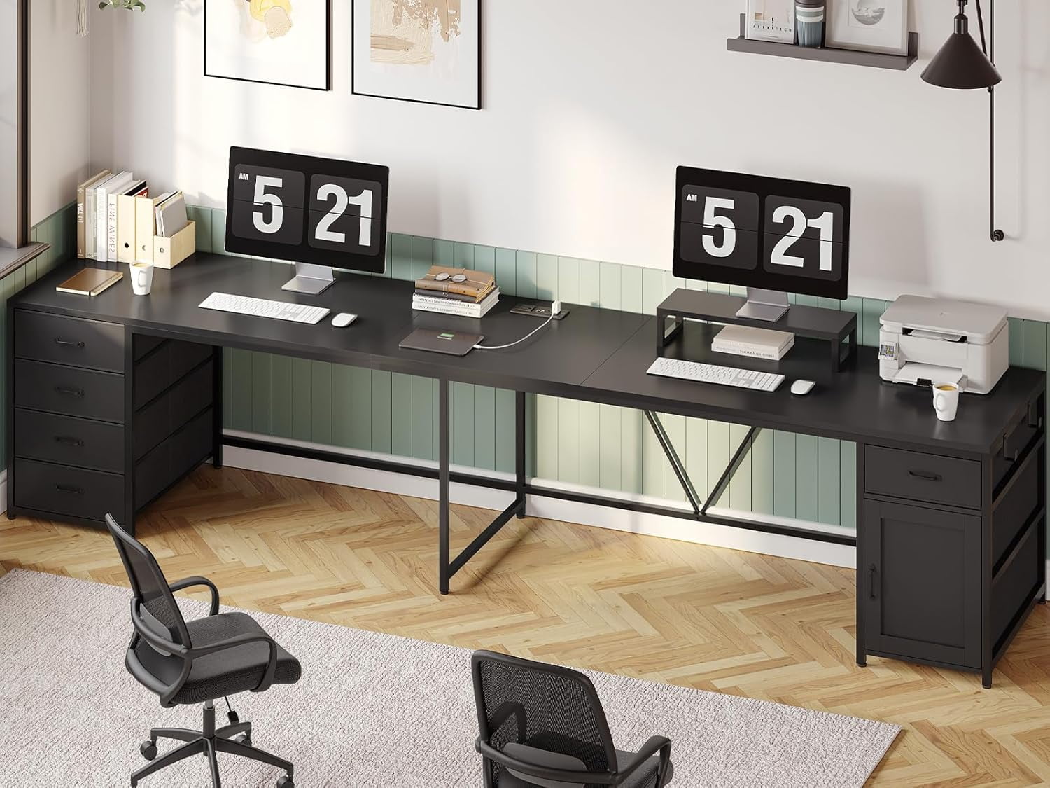 SEDETA L Shaped Desk, 63'' Computer Desk with 5 Drawer & Power Outlet, Long Home Office Desk or Corner Desk, Corner Desk with Monitor Shelf, Storage Cabinet, Black