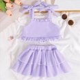 thumbnail image 2 of KPOPLK 2 Piece Toddler Girl Clothes Baby Summer Outfit Sleeveless Cutout Strap Ruffle Tank Top and Shorts Set(12-18 Months,Purple), 2 of 9