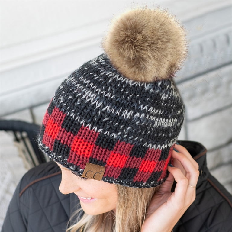 Winter Buffalo Plaid Cuff Beanie Hat Soft Stretch Pom Pom Thick Chunky Knit Cap Buy 2 Pieces Christmas Beanie Hat Plaid Buffalo Winter Soft  main image 2