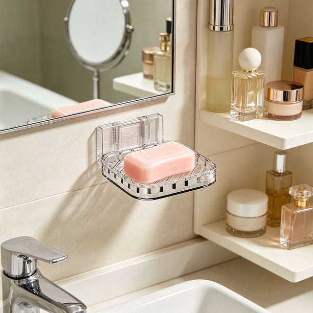 Porta Jabón de Pared con Drenaje, PET Transparente, Montaje Adhesivo Sin Perforación, Organizador para Baño, Ducha y Cocina, Tamaño 11 cm