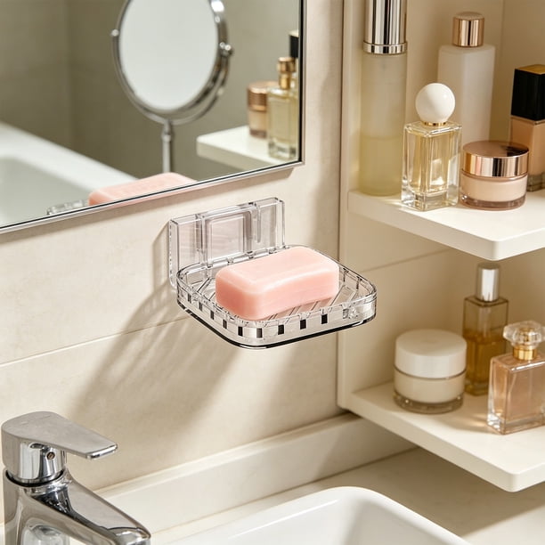 Porta Jabón de Pared con Drenaje, PET Transparente, Montaje Adhesivo Sin Perforación, Organizador para Baño, Ducha y Cocina, Tamaño 11 cm