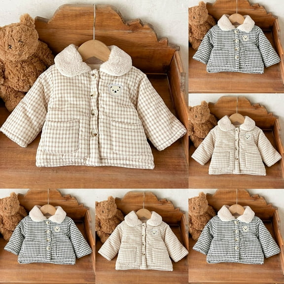 Swuxness Toddler Warm Casual Coat, Kids Long Sleeve Jacket, Toddler Plaid Print Button Front Jacket without Hood Embroidered Details Notched Collar Outerwear Khaki, 0-6 Months