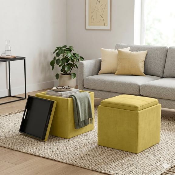 Simpli Home Rockwood 17W Cube Storage Ottoman with Tray Top