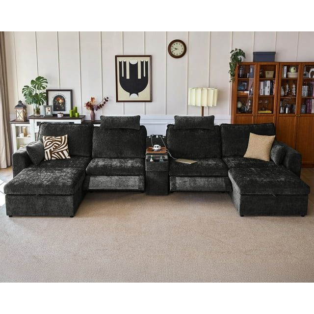 BEDEEP Canapé Inclinable Électrique 174,4 Pieds' avec Console d'Appui-tête, Canapé Sectionnel en Chenille Moduar Cloud avec Ottoman de Rangement, Canapé Convertible 6 Places pour Salon RV, Noir