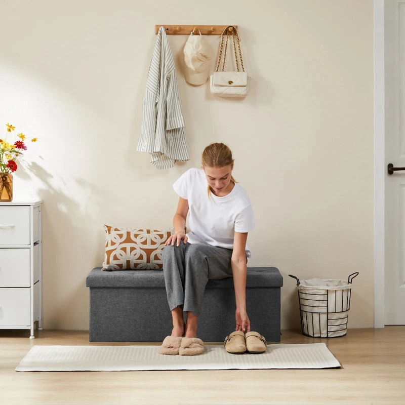 Telyra 43" Foldable Storage Ottoman Bench Fabric Footrest Stool with Foam Padded Seat, Gray