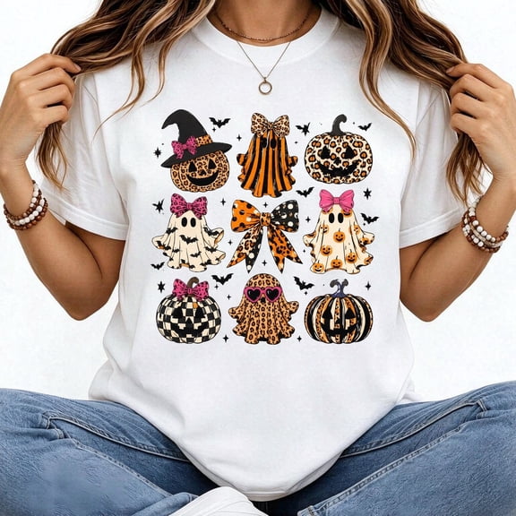 Halloween Women's T-Shirt Leopard Print Halloween Pumpkin Ghosts Short Sleeve Holiday Gift Cotton Tees