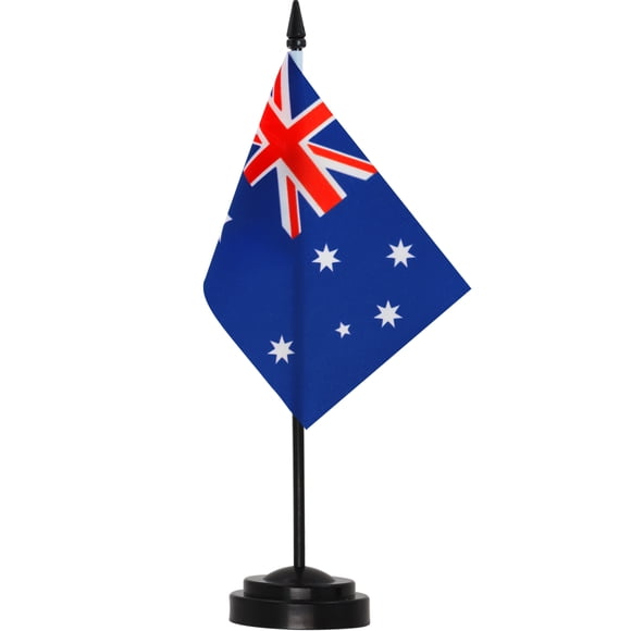 ANLEY Australia Deluxe Desk Flag Set - 6 x 4 Inch Miniature Australian Desktop Flag with 12" Solid Pole - Black Base and Spear Top