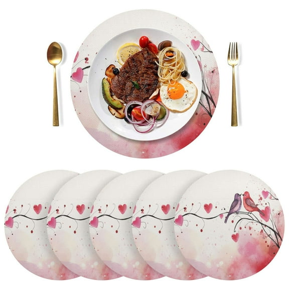 Valentine's Day Couple Birds Black Round Placemats Plate Mats 15 Inch Non-Slip Heat Resistant Washable PVC Set Indoor for Kitchen Dining Table 1PC