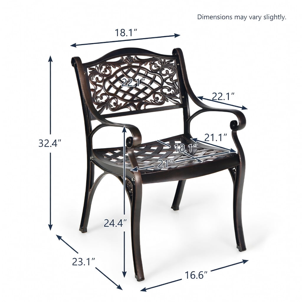 Hommoo 2-Pack Outdoor Cast Aluminum Dining Chairs with Ergonomic Armrests, Curved Breathable Seats & Adjustable Feet, Black