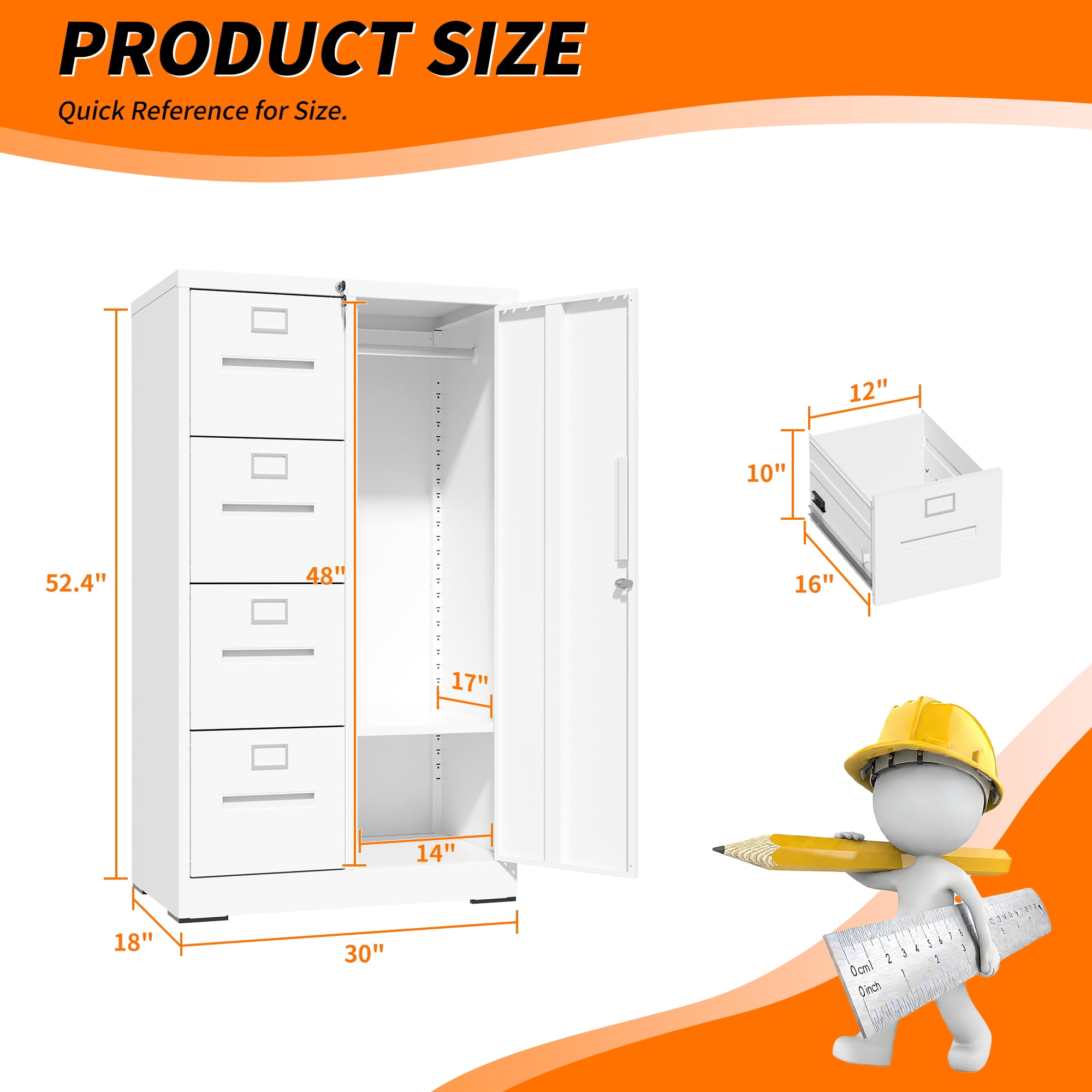 Leumius 52.4" Tall Metal Storage Cabinet with Lock,Freestanding Filing Cabinet Armoire Wardrobe Closet with 4 Drawers & Hanging Rod for Office,Living Room,School,White