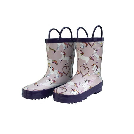 Pink Rubber Rain Boots - Foxfire Girls Pink Rainbow Unicorn Print Side Handle Rain Boots
