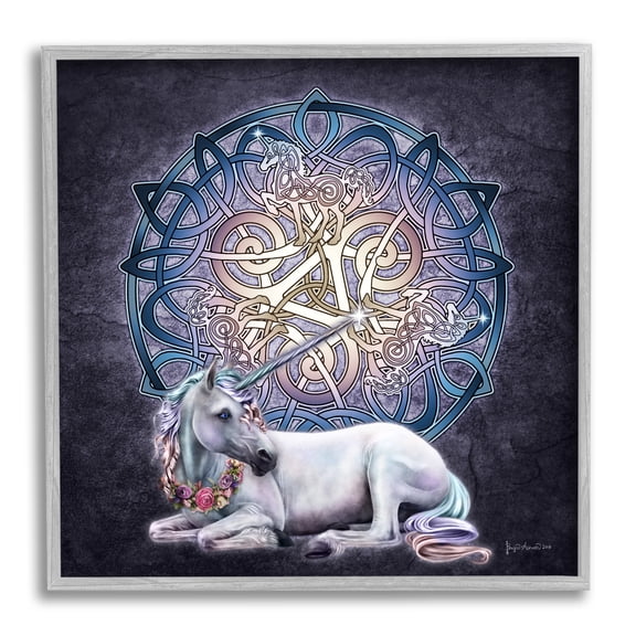 Stupell Industries Unicorn Celtic Pattern Fairy Tales & Fantasy Painting Gray Framed Art Print Wall Art, 24 x 24