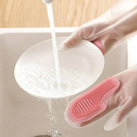 Waterproof Silica Gel Dishwashing Gloves - Thickened Non-Slip Kitchen Cleaning Mitts with Dense Bristles for Dishes Cutlery & Vegetables (1 Pair) pink