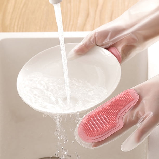 Guantes de gel de sílice impermeables para lavar platos con cerdas de fregado | Guantes de cocina gruesos y antideslizantes para mujer | Verde, amarillo y rosa | 1 par