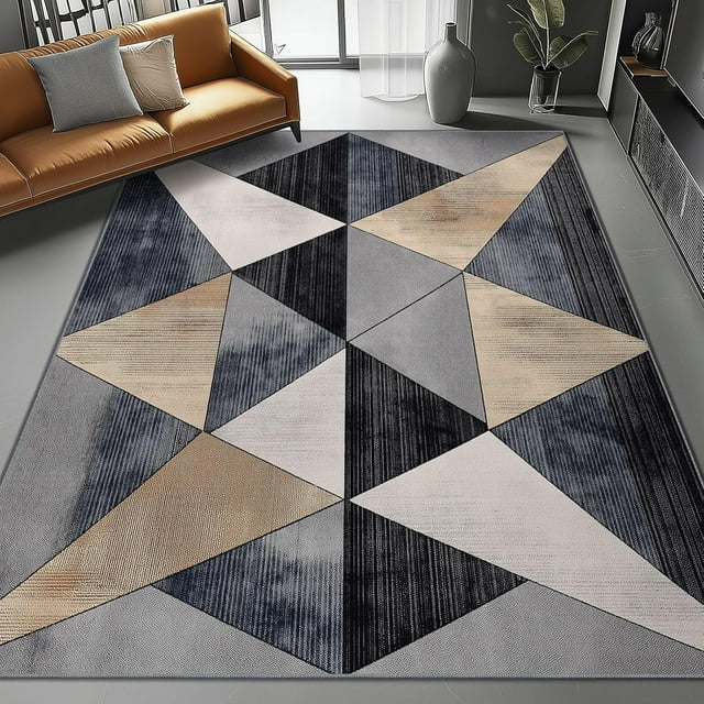Area Rugs 3 X 5 ft Rug for Living Room Soft Non Slip Rug Low Pile Geometric Triangular Pattern Fashionable Style Printed Area Rugs Bedroom Farmhouse Dining Room, Home Decor Indoor Gray Beige